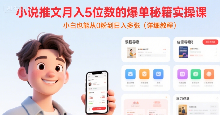 小说推文月入5位数的爆单秘籍实操课，，小白也能从0粉到日入多张(详细教程)