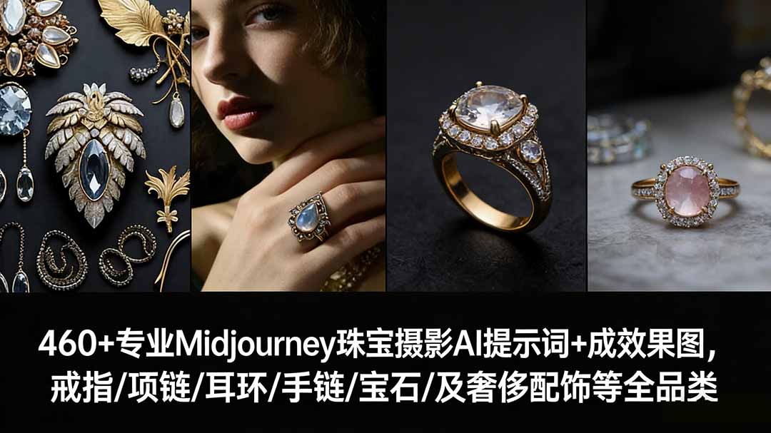 460+专业Midjourney珠宝摄影AI提示词+成效果图，戒指/项链/耳环/手链/宝石/及奢侈配饰等全品类