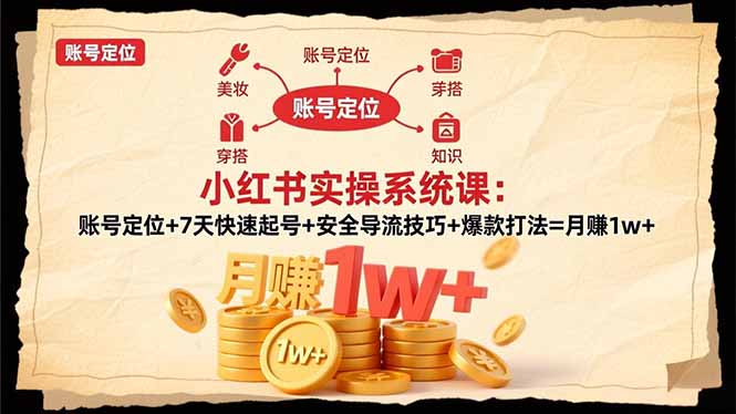 小红书实操系统课：账号定位+7天快速起号+安全导流技巧+爆款打法=月赚1w+