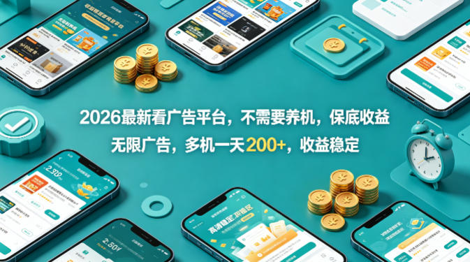 2026最新看广告平台，不需要养机，保底收益，无限广告，多机一天200+，收益稳定【揭秘】