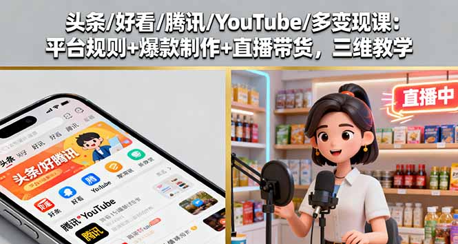 头条/好看/腾讯/YouTube/多变现课：平台规则+爆款制作+直播带货，三维教学