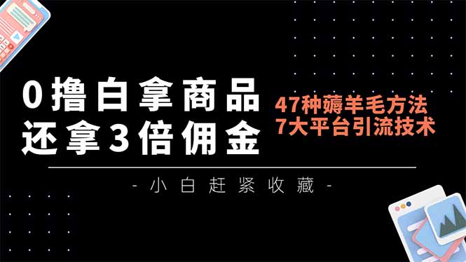 0撸白拿商品，还拿3倍佣金，47种薅羊毛方法，7大平台全方位引流技术教学，精专月入过万
