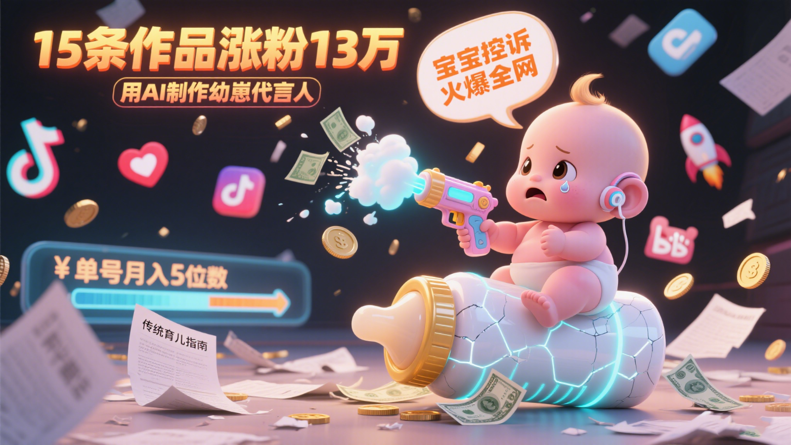 用AI制作幼崽代言人，宝宝的控诉火爆全网，15条作品涨粉13万，单号月入5位数实操教程