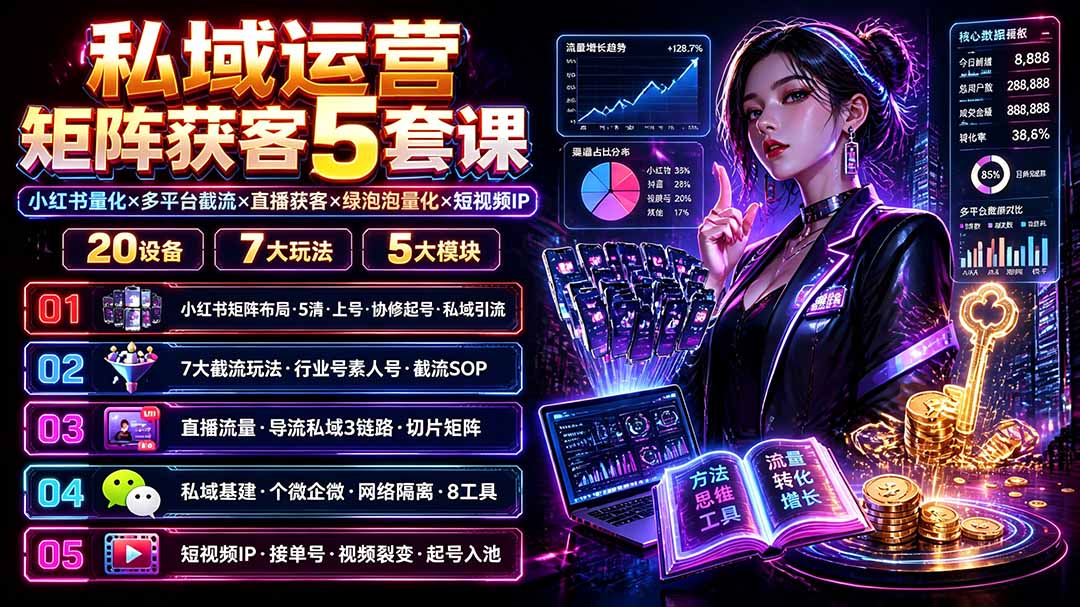 私域运营矩阵获客5套课：小红书量化×多平台截流×直播获客×绿泡泡量化×短视频IP×20设备×7大玩法