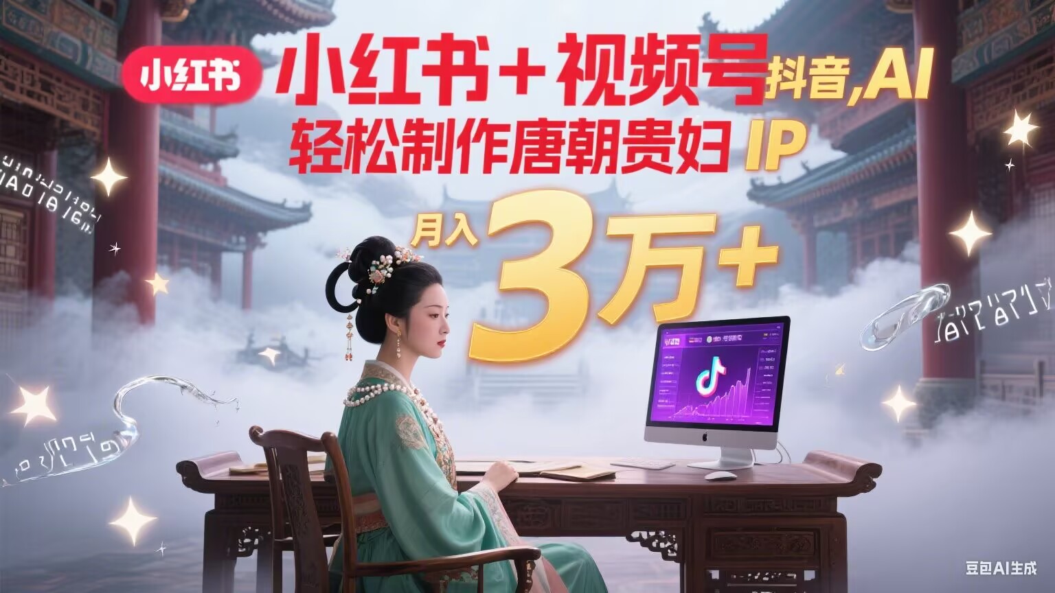 小红书+视频号+抖音，AI轻松制作唐朝贵妇IP，毒鸡汤、励志、减肥瘦身、养生赛道轻松切入，每天30分钟，轻松产出N条，月入3万+